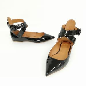 PIPPICHIC アンクルストラップ フラット パンプス ポインテッドトゥ パテント エナメル 36 ブラック