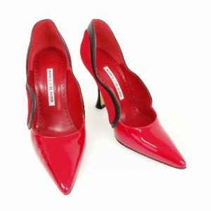 MANOLO BLAHNIK HAMAKI パテント スウェード パンプス ポインテッドトゥ 美品 34 レッド