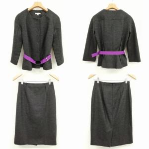 PAULE KA 美品 スーツ セットアップ ノーカラー ジャケット 膝丈 スカート 36 チャコール
