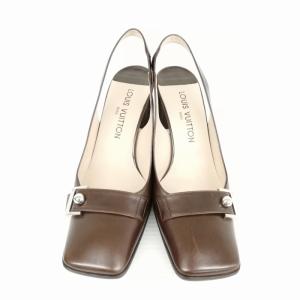 LOUIS VUITTON バックストラップ スクエアトゥ パンプス ベルトモチーフ ポイント欠損 38 ブラウン 茶