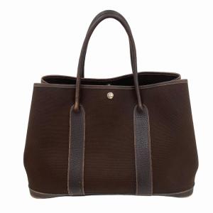HERMES ガーデンパーティPM H刻印 トワルオフィシエ レザー トートバッグ ハンドバッグ ダークブラウン