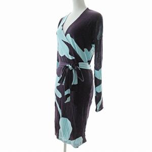 DIANE von FURSTENBERG ラップ ワンピース ニット 長袖 膝丈 バイカラー サックスブルー 紫 P 1130