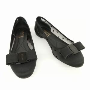 Salvatore Ferragamo ヴァラ リボン フラット パンプス チュール メッシュ ドット柄 3.5 D ブラック