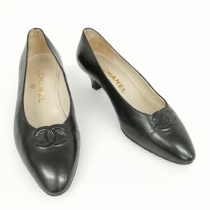 CHANEL ココマーク フォーマル レザー パンプス ローヒール ヴィンテージ 36 ブラック
