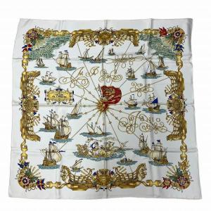 カレ 90 シルクスカーフ VOILES DE LUMIERE 光の帆船 白 ホワイト マルチカラー 1111