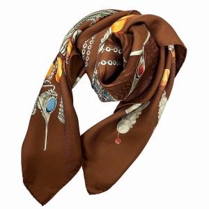 HERMES カレ90 TERRES PRECIEUSES 貴重な場所 シルク スカーフ フランス製 茶 ブラウン