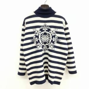 MONSIEUR ムッシュ ウール ニット タートルネック エンブレム ボーダー セーター ヴィンテージ M ネイビー