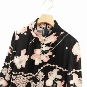 LEONARD ウール シルク ニット ジャージー 総柄 プリント カットソー 金ボタン 七分袖 M ブラック