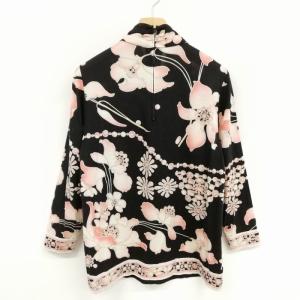 LEONARD ウール シルク ニット ジャージー 総柄 プリント カットソー 金ボタン 七分袖 M ブラック