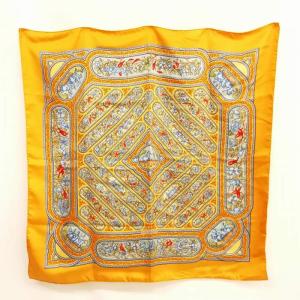 QALAMDAN カレ90 カラムダン 花 馬 鳥 大判 スカーフ 美品 イエロー系