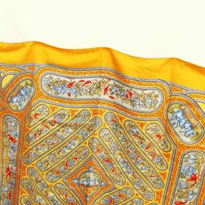 HERMES QALAMDAN カレ90 カラムダン 花 馬 鳥 大判 スカーフ 美品 イエロー系