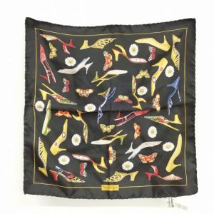 シルク スカーフ 靴 蝶 花 総柄 42cm×42cm 美品 ブラック マルチ