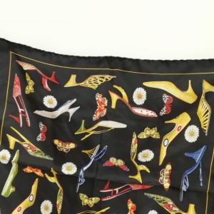 Salvatore Ferragamo シルク スカーフ 靴 蝶 花 総柄 42cm×42cm 美品 ブラック マルチ