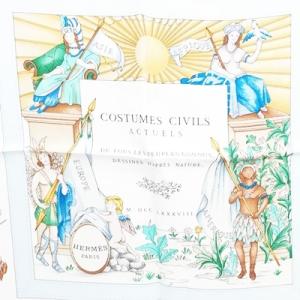 HERMES カレ90 COSTUMES CIVILS ACTUELS 現代市民の服装 スカーフ シルク ブルー ホワイト マルチカラー