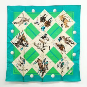 カレ90 ポロの世界 LE MONDE DU POLO 大判 スカーフ ブルーグリーン