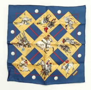 HERMES カレ40 プチカレ Hermes Cup Palm Beach ポロの世界 スカーフ 美品 ネイビー系