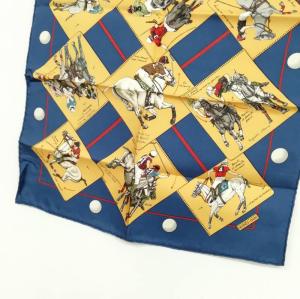 HERMES カレ40 プチカレ Hermes Cup Palm Beach ポロの世界 スカーフ 美品 ネイビー系