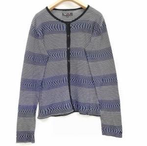 美品 カーディガン ボーダー ニット 長袖  コットン クルーネック  ボタン コットン 3 L ブルー