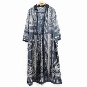 Lois CRAYON パネルプリントワンピース 五分袖 ロング丈 総柄 M ネイビー