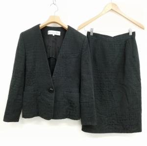 ヴィンテージ スーツ セットアップ ノーカラー ジャケット 膝丈 スカート 9 ブラック