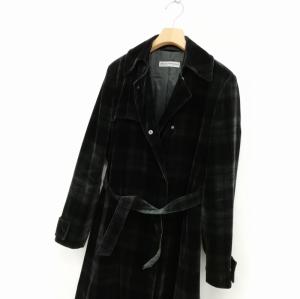 EMPORIO ARMANI チェック ベロア ベルベット ガウンコート トレンチコート 38 ダークグリーン系