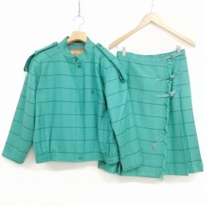 SPORTS ヴィンテージ スカート スーツ セットアップ チェック柄 ジャケット 膝丈 M グリーン系