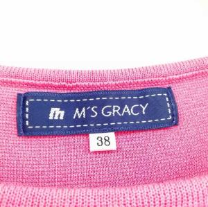 M'S GRACY 美品 ニット ブラウス コサージュ付き フリル 半袖 38 ピンク