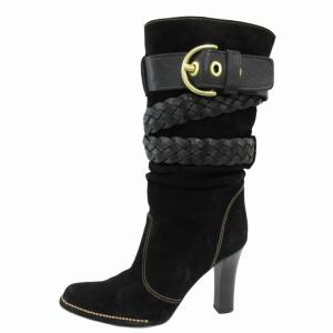 COACH ロングブーツ ヒールシューズ レザーベルト ゴールド金具 スエード ステッチ 6.5 B 23.5?p 黒 ブラック