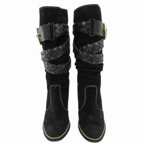 COACH ロングブーツ ヒールシューズ レザーベルト ゴールド金具 スエード ステッチ 6.5 B 23.5?p 黒 ブラック