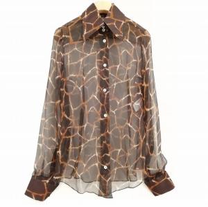 美品 シアー ブラウス  シャツ キリン柄 シルク ブラウン 38