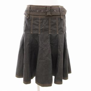 ブラックデニム フレアスカート ひざ丈 ベルト付き ウエスト裏ノバチェック 38 S 黒 ブラック