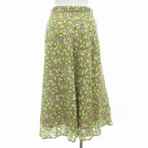 ANAYI 美品 フロッキースカート フレア リネン混 総柄 ひざ丈 38 M 緑 グリーン 紫 パープル