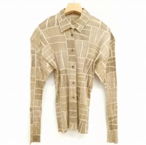 PLEATS PLEASE ISSEY MIYAKE◆長袖ブラウス/3/ポリエステル/カーキ/総柄/PP84-JK983 イッセイミヤケ PP84-JK983 総柄 プリーツ シャツ ブラウス 長袖
