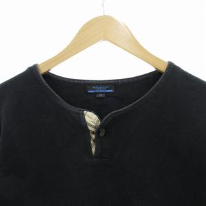 BURBERRY BLUE LABEL ヘンリーネックカットソー Tシャツ ロンT ロゴ刺繍 ノバチェック切替 長袖 M 紺 ネイビー