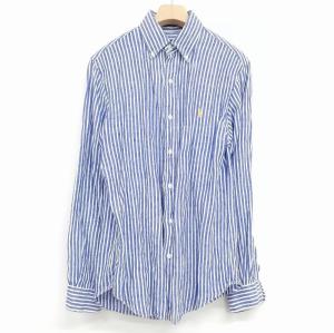 シャツ ボタンダウン 長袖 ストライプ ポニー ロゴ  刺繍  リネン ブルー XS