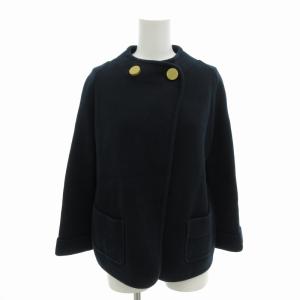 ニットジャケット ノーカラー 金ボタン コットン 長袖 S 紺 ネイビー