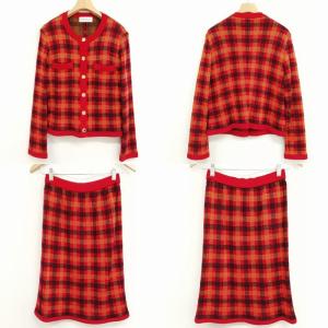 YVES SAINT LAURENT 美品 ヴィンテージ ニット スカート スーツ セットアップ チェック柄 YSL 金ボタン M レッド系