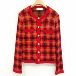 YVES SAINT LAURENT 美品 ヴィンテージ ニット スカート スーツ セットアップ チェック柄 YSL 金ボタン M レッド系