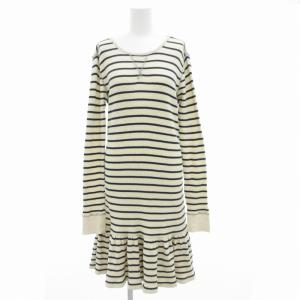 サーマルニットワンピース 長袖 ひざ丈 ボーダー L アイボリー 紺 ネイビー