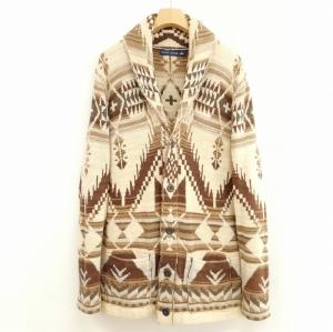 コットン ニット ショールカラー カーディガン オルテガ ネイティブ 総柄 L ベージュ系