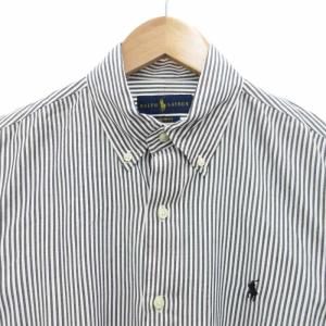POLO RALPH LAUREN 美品 ボタンダウンシャツ BD カジュアル 長袖 ストライプ ロゴ刺繍 ワンポイント M グレー 白 ホワイト
