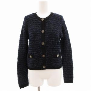 美品 ツイードカーディガン ニット 長袖 ボーダー 厚手 M 黒 ブラック 紺 ネイビー