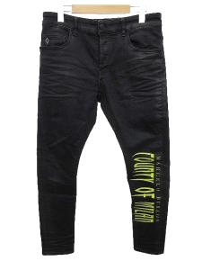 ブラックデニム パンツ ストレッチ county of milan 国内正規 光沢 プリント コットン 30 M 黒