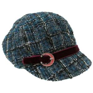 キャスケット キャップ 帽子 チェック ツイード ラメ アルパカ混 モヘヤ M 58 青 ブルー イタリア製