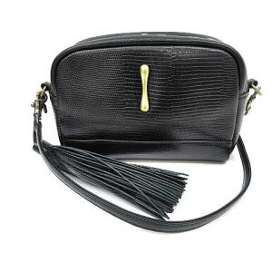 ショルダーバッグ レザー ポシェット タッセル リザード 型押し 本革 黒 ブラック
