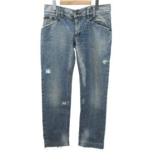 デニム パンツ ジップ 馬蹄金具 ダメージ加工 リペア加工 M インディゴ