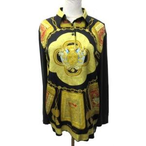 スカーフ柄 シルク カシミヤ混 ポロシャツ M 黒