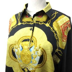 HERMES スカーフ柄 シルク カシミヤ混 ポロシャツ M 黒