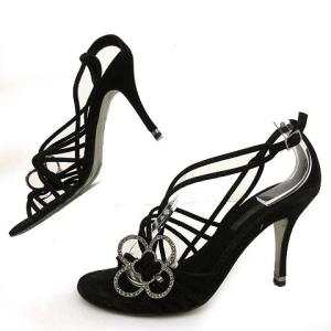 LOUIS VUITTON アンクルストラップ サンダル スエード フラワービジュー 36 ブラック