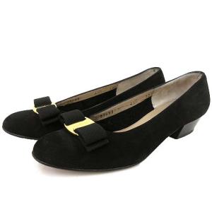 ヴァラ パンプス チャンキーヒール ローヒール ヌバック アーモンドトゥ リボン 4.5 ブラック イタリア製 IBO15